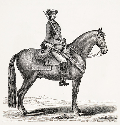 A proud French Cavalry soldier from 1766. Engraving/illustration from the book \