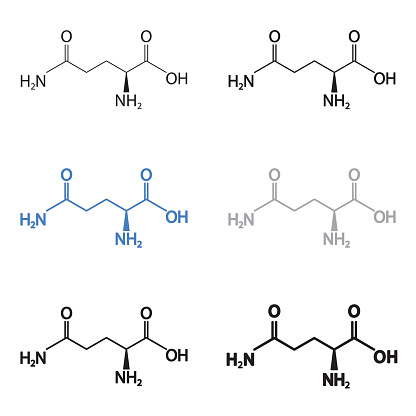 Glutamine, L-gluatimine molecular structural chemical formula set. Vector icon. eps10.