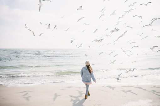 back view of stylish girl on winter seashore with seagulls