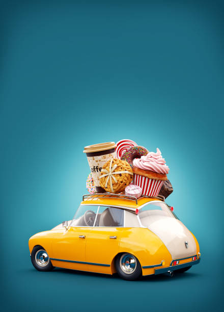 istock Cute fantastic chocolade car with sweets and coffee on top. 939596970