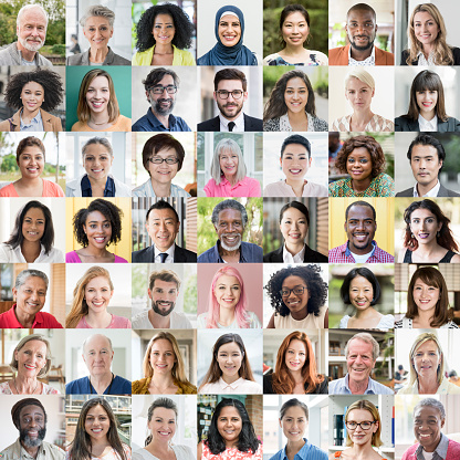 Headshot portrait of multi ethnic people in digital composite montage
