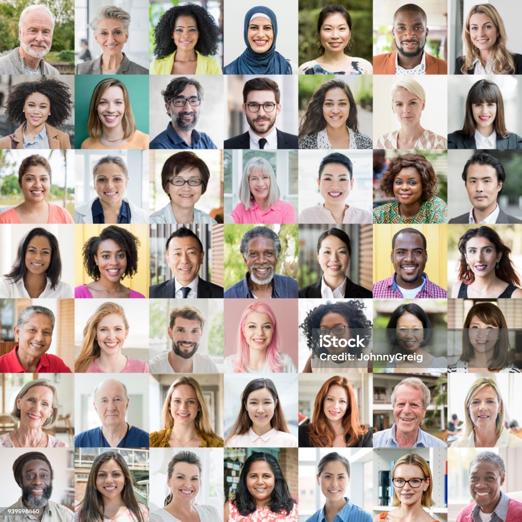 People of the world portraits - ethnic diversity Headshot portrait of multi ethnic people in digital composite montage Human Face Stock Photo