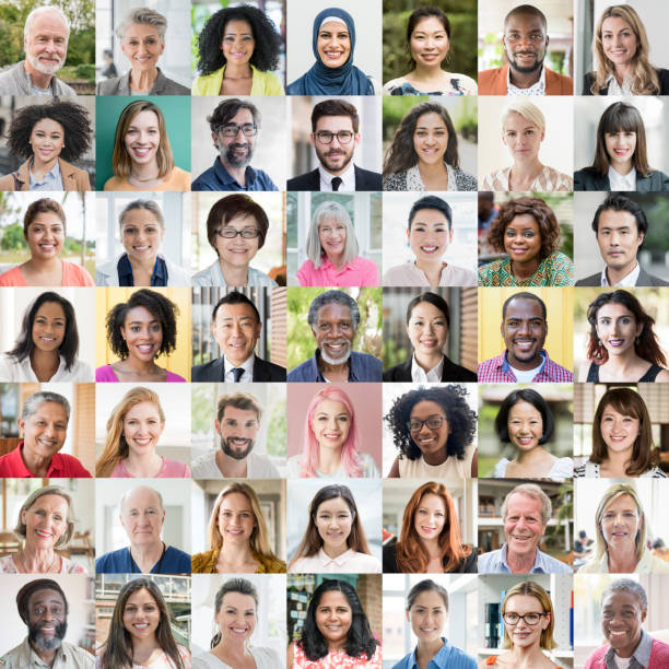 People of the world portraits - ethnic diversity Headshot portrait of multi ethnic people in digital composite montage face stock pictures, royalty-free photos & images