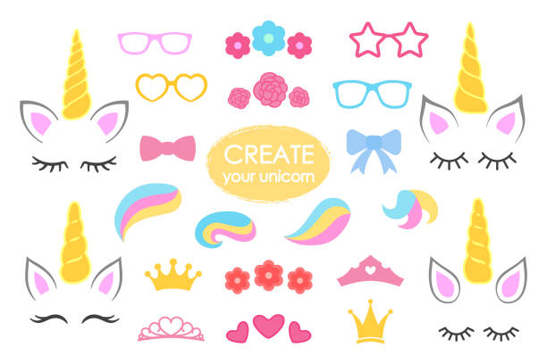 Create your own unicorn - big vector collection. Unicorn constructor. Cute unicorn face. Unicorn details - Horhs, eyelashes, ears, hairstyles, flowers, crowns, glasses, bows . Vector Create your own unicorn - big vector collection. Unicorn constructor. Cute unicorn face. Unicorn details - Horhs, eyelashes, ears, hairstyles, flowers, crowns, glasses bows Vector illustration horned stock illustrations