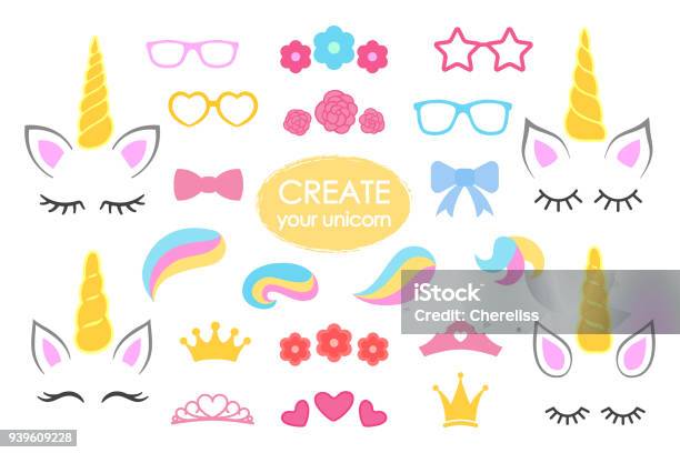 Create Your Own Unicorn Big Vector Collection Unicorn Constructor Cute Unicorn Face Unicorn Details Horhs Eyelashes Ears Hairstyles Flowers Crowns Glasses Bows Vector Stock Illustration - Download Image Now