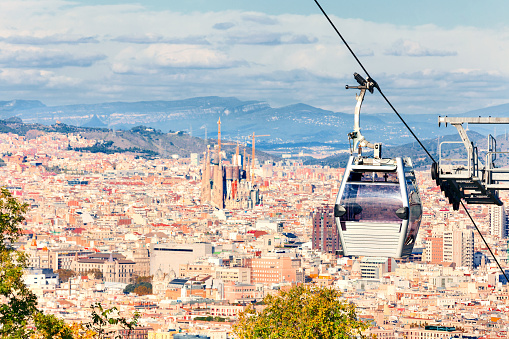 Cable car to Montjuic hill. Cityscape of Barcelona. Sagrada Familia. Spain.
