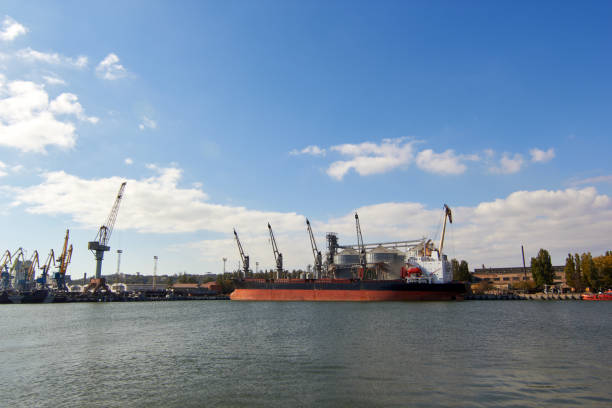 istock Big grain terminal at seaport. Cereals bulk transshipment from road transport to vessel. Loading grain crops on ship from large elevators at the berth. Transrportation of agricultural products 939610746