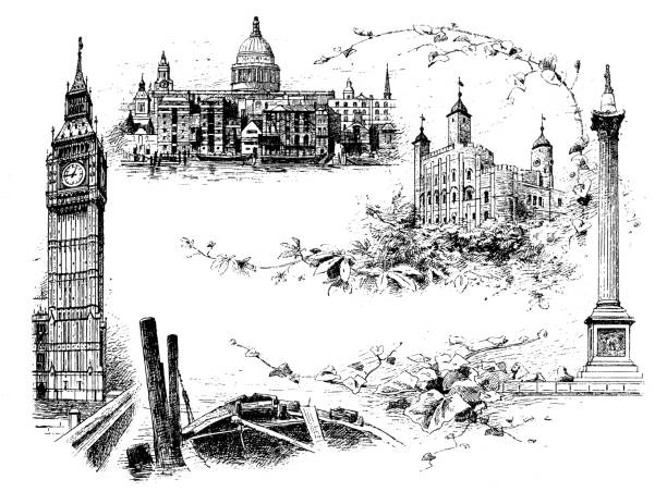 antyczne ilustracje anglii, szkocji i irlandii: zabytki londynu - big ben london england international landmark traditional culture stock illustrations