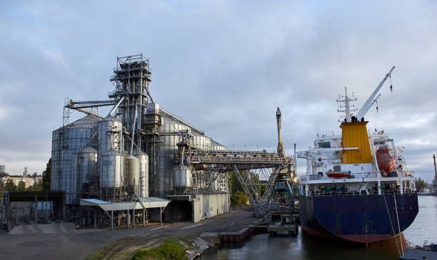 istock Big grain terminal at seaport. Cereals bulk transshipment from road transport to vessel. Loading grain crops on ship from large elevators at the berth. Transrportation of agricultural products 939625790
