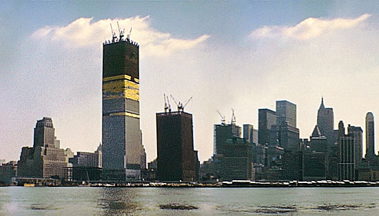 New York vintage image on 1970 about construction site of Twin Towers under construction on seventy. New York skyline from New Jersey side with World Trade Center and Lower Manhattan.