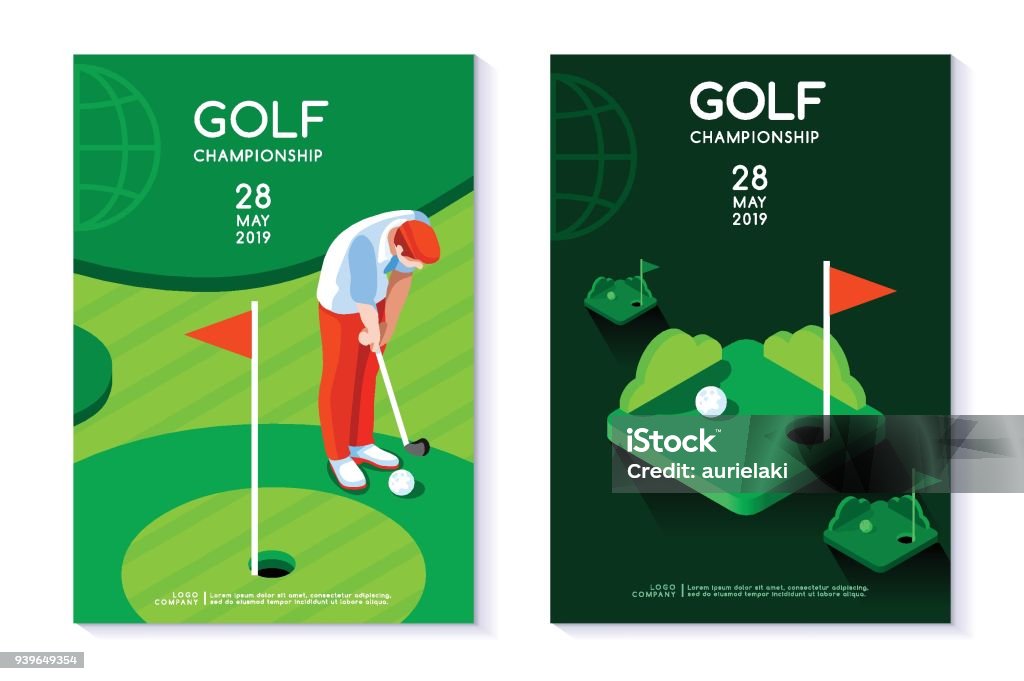 Golf club poster template Hobby sport golf poster template with hole and green for circle tournament. Vector design in modern style. Isometric flat illustration. Golf stock vector