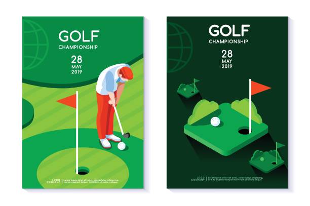 Golf club poster template Hobby sport golf poster template with hole and green for circle tournament. Vector design in modern style. Isometric flat illustration. golf course stock illustrations