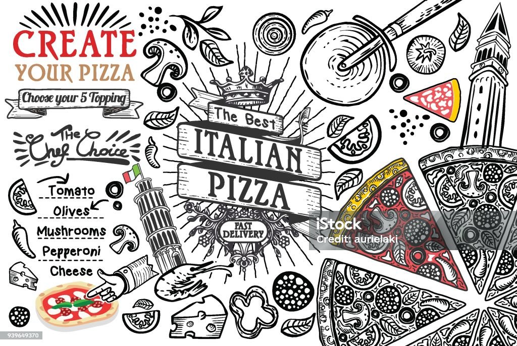 Ingredienti alimentari italiani come doodle per pizza - arte vettoriale royalty-free di Pizza