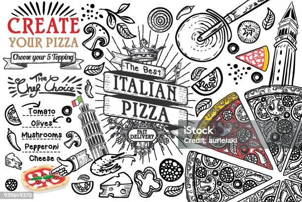 Italian Food Ingredients As Pizza Doodle Stock Illustration - Download Image Now - Pizza, Italy, Food