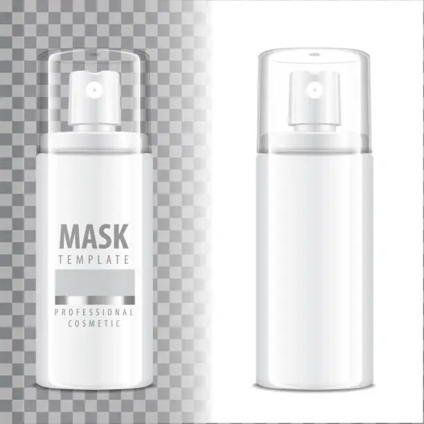 Vector illustration of Cosmetic spray bottle. Dispenser for cream, balsam and other cosmetics. With lid and without. Vector Template Mock up Your Design