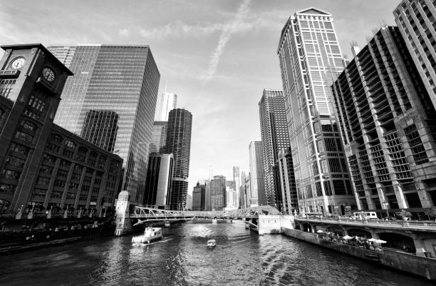istock Skyline on the river, Downtown Chicago. Black And white. 939662444