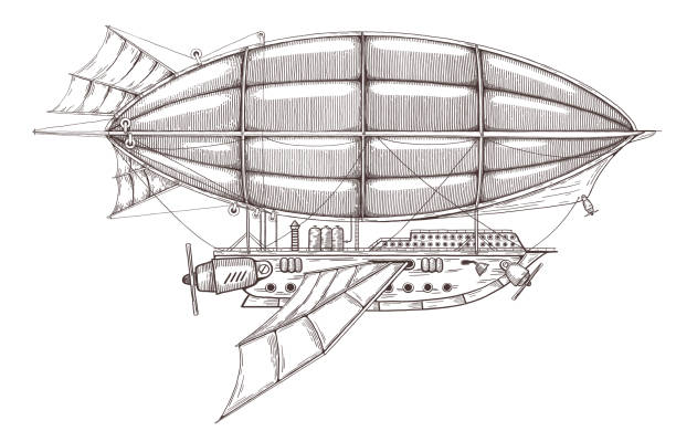 Vintage retro airship in steampunk style. Fantastic airship sketch drawing steampunk style stock illustrations