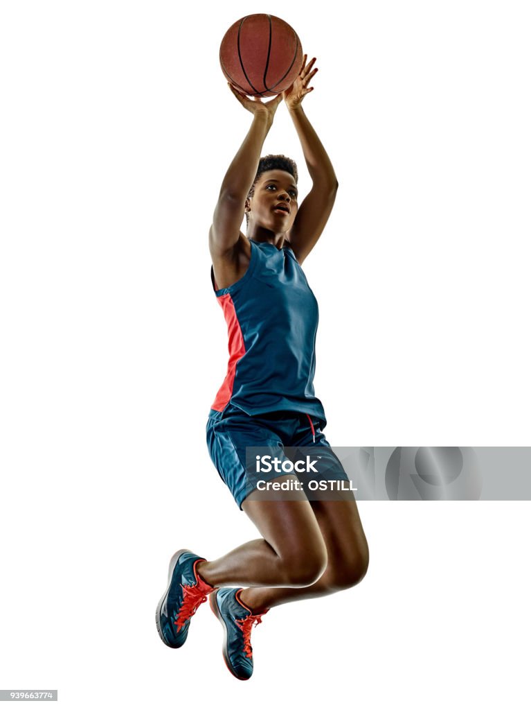 Basketball players woman teenager girl isolated shadows one african Basketball players woman teenager girl isolated on white background with shadows Basketball - Sport Stock Photo