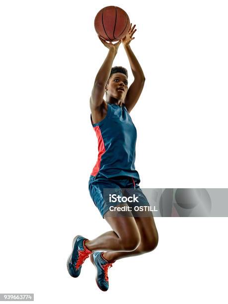 Basketball Players Woman Teenager Girl Isolated Shadows Stock Photo - Download Image Now