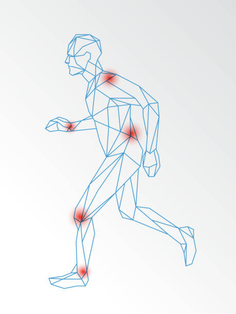 ilustraciones, imágenes clip art, dibujos animados e iconos de stock de ilustración médica vector de dolor en las articulaciones en funcionamiento hombre - on one knee