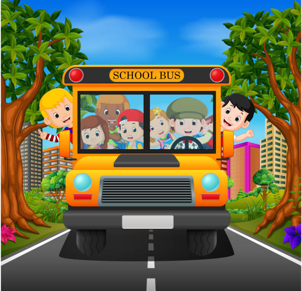 children of a school bus illustration of children of a school bus school bus stop stock illustrations