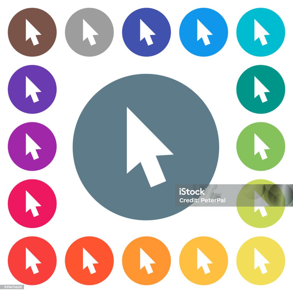 Mouse cursor flat white icons on round color backgrounds Mouse cursor flat white icons on round color backgrounds. 17 background color variations are included. Arrow Symbol stock vector
