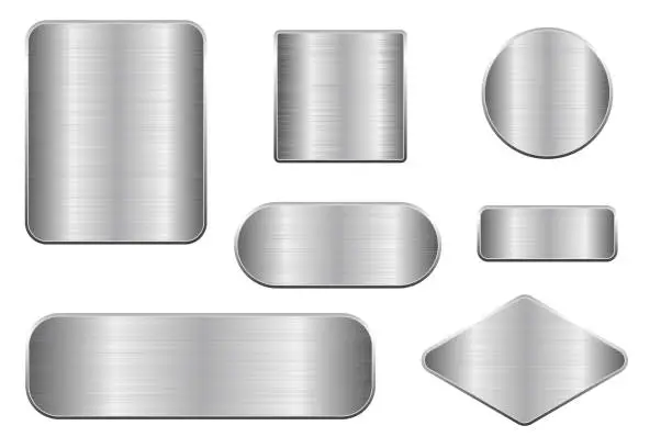Vector illustration of Brushed metal plates. Set of geometric shape plaques