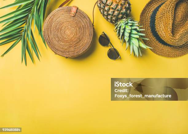 Colorful Summer Female Fashion Outfit Over Yellow Background Stock Photo - Download Image Now