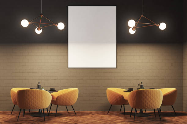 istock Gray brick modern cafe, yellow armchairs, poster 939686632