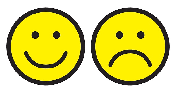 Happy and sad face icons. Smileys. Face symbols. Flat stile. Vector illustration.