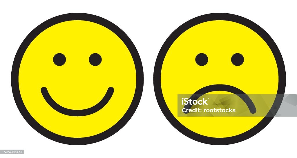 Happy and sad face icons. Smileys. Happy and sad face icons. Smileys. Face symbols. Flat stile. Vector illustration. Anthropomorphic Smiley Face stock vector