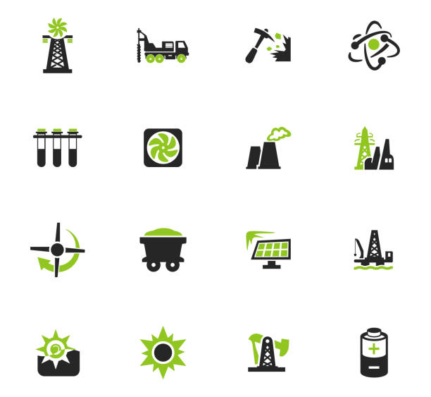 zestaw ikon wytwarzania energii paliw - diesel factory water sun stock illustrations