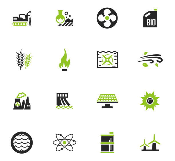 zestaw ikon wytwarzania energii paliw - diesel factory water sun stock illustrations