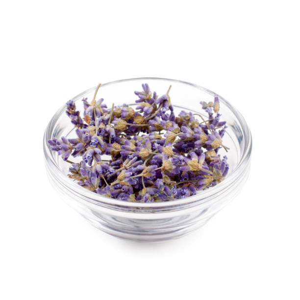 istock Dried lavender flowers in glass dish isolated on white background 939693880