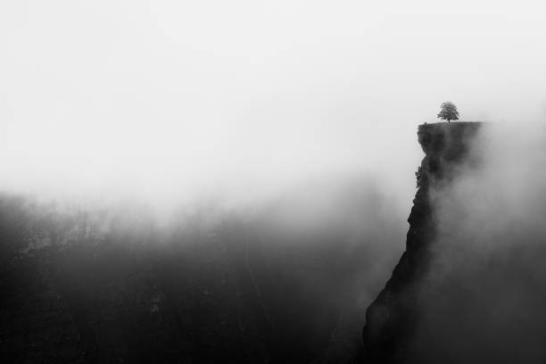 misty canyon with sharp cliff iin Delika stock photo