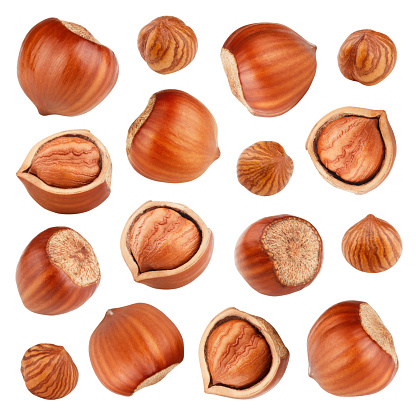 Set of hazelnuts isolated on white background as package design elements