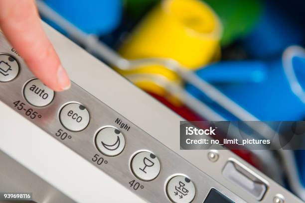 Pushing Eco On Dish Washer Stock Photo - Download Image Now - Dishwasher, Energy Efficient, Environmental Conservation