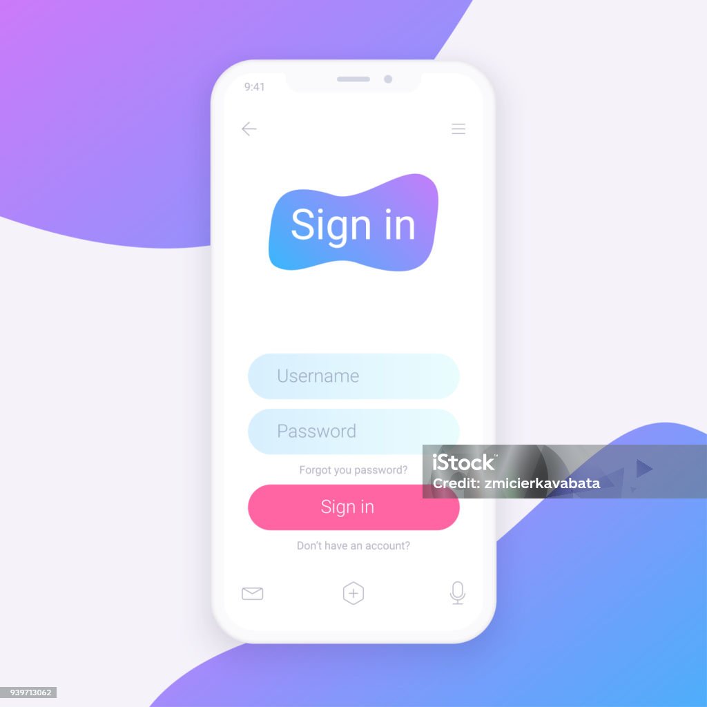 Sign In Screen. Clean Mobile UI Design Concept. Login Application with Password Form Window. Trendy Holographic Gradients Shapes. Flat Web Icons Sign In Screen. Clean Mobile UI Design Concept. Login Application with Password Form Window. Trendy Holographic Gradients Shapes. Flat Web Icons. Vector EPS 10 Mobile Phone stock vector