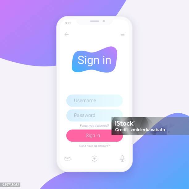 Sign In Screen Clean Mobile Ui Design Concept Login Application With Password Form Window Trendy Holographic Gradients Shapes Flat Web Icons Stock Illustration - Download Image Now