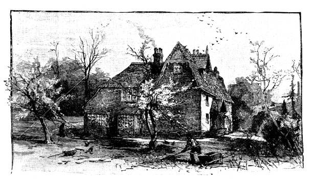 ilustraciones, imágenes clip art, dibujos animados e iconos de stock de antiguos ilustraciones de inglaterra, escocia e irlanda: casa rural en surrey - surrey southeast england england cottage