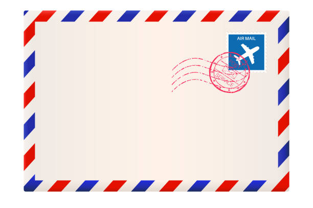 ilustraciones, imágenes clip art, dibujos animados e iconos de stock de sobres. correo aéreo internacional con marco rojo y azul - postage stamp air mail envelope mail