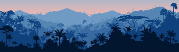 illustrazioni stock, clip art, cartoni animati e icone di tendenza di sfondo della giungla della foresta pluviale tropicale orizzontale vettoriale senza soluzione di continuità - panoramic