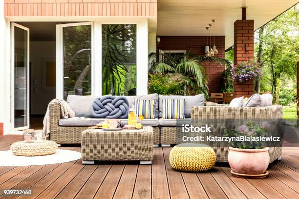 Beige Garden Furniture On Terrace Stock Photo - Download Image Now - Patio, Furniture, Outdoors