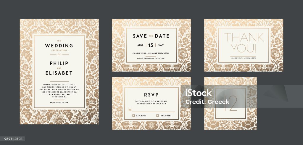 Vintage Wedding Invitation collection. Modern design Vintage Wedding Invitation collection. Modern design. Wedding Invitation design with damask background. Tradition decoration for wedding. Vector illustration Invitation stock vector