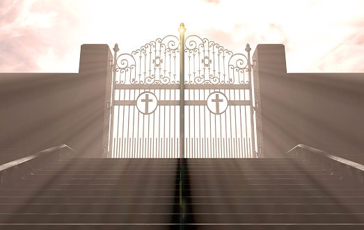 A depiction of the pearly gates of heaven closed with the bright side contrasting with the duller foreground and a stairway leading up to it - 3D render