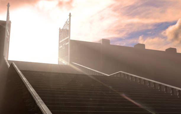 A depiction of the pearly gates of heaven open with the bright side contrasting with the duller foreground and a stairway leading up to it - 3D render