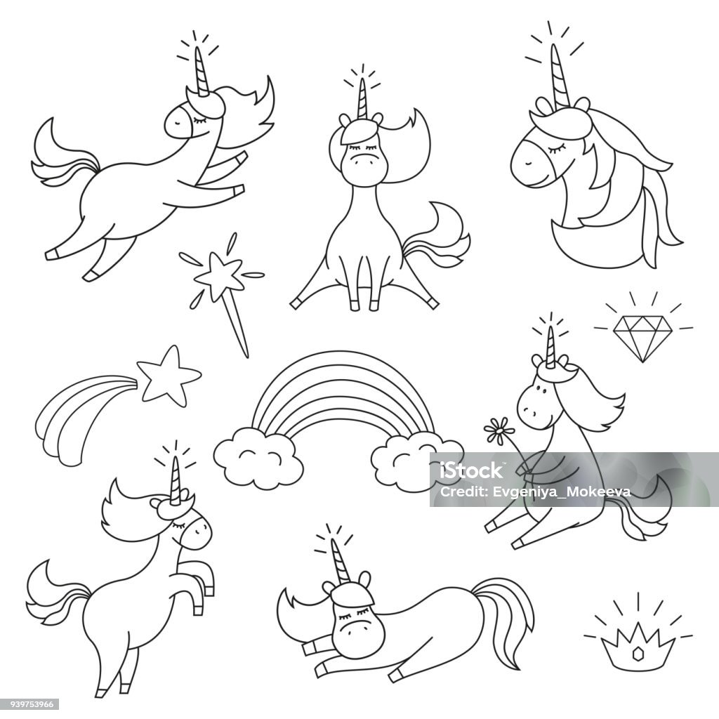 Ilustración de Conjunto Con Lindos Unicornios Para Colorear Libro y más  Vectores Libres de Derechos de Unicornio - iStock