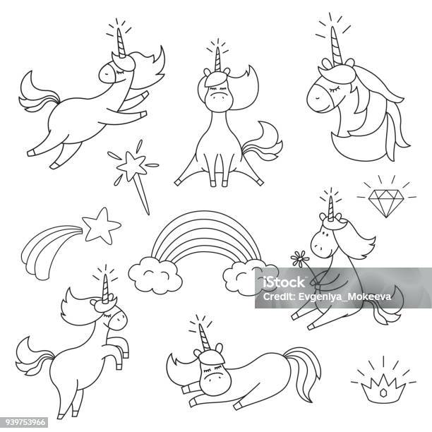 Set With Cute Unicorns For Coloring Book Stock Illustration - Download Image Now - Unicorn, Coloring, Drawing - Activity