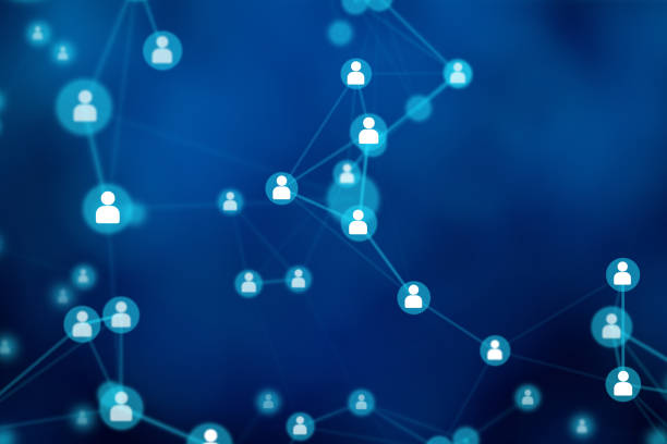 青の背景、技術の概念の社会的なネットワークに人々 接続線図を抽象化します。 - occupation business group of people community ストックフォトと画像