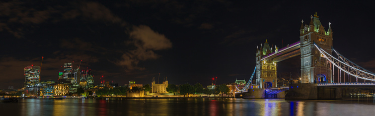 London - The nightly panorama with the Tower bridge, Tower and skyscrapers of financial distcrict.